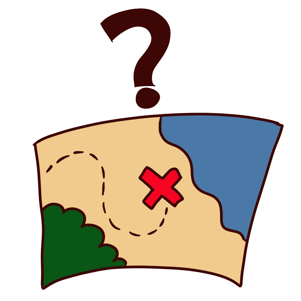 a treasure map with a dotted line pointing to a red x with a question mark over the map